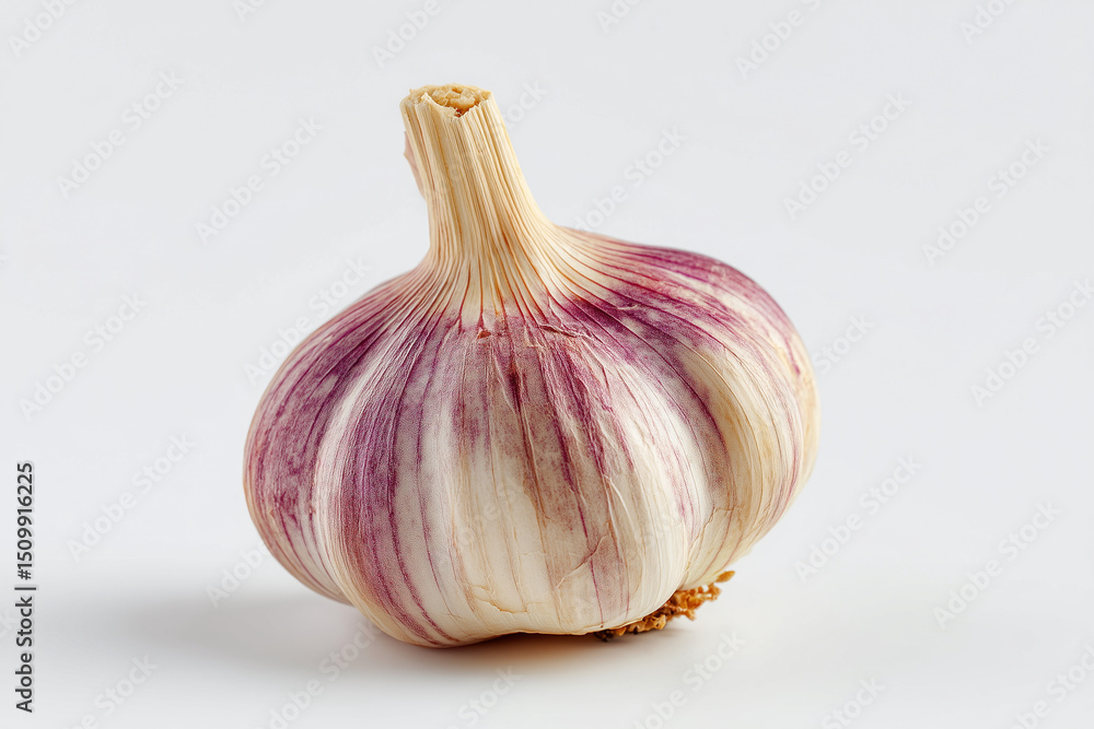 Obraz premium A purple and white garlic bulb sits on a white background. The bulb is fresh and unpeeled