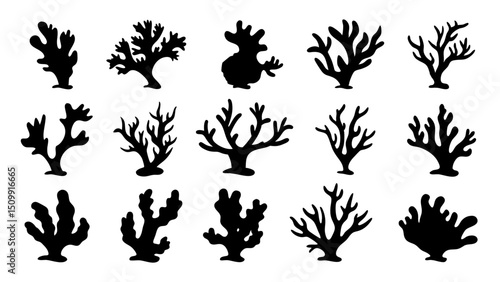 Seaweed silhouettes, coral black icon. Abstract organic shape, underwater plant, matisse element, cute sea doodle.