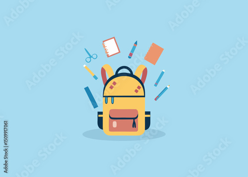 A cheerful school backpack overflowing with learning tools ready for new adventures and knowledge with a clean