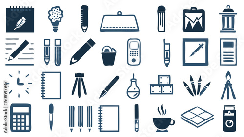 A collection of hand drawn stationery icons perfect for any creative project on a dark background with blue