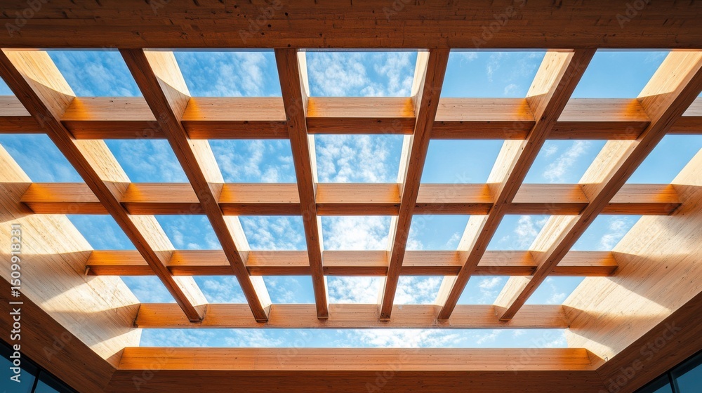 Architectural skylight design showcasing wooden structure and blue sky modern interior aesthetic perspective Architectural skylight design showcasing wooden structure and blue sky modern interior aesthetic perspective