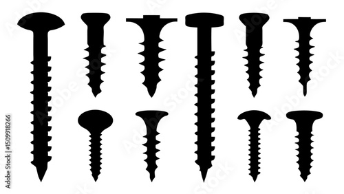 Set of black various screws vector silhouette