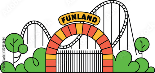 Colorful amusement park entrance with roller coaster, trees, and Funland arch – vector illustration for theme parks and entertainment design