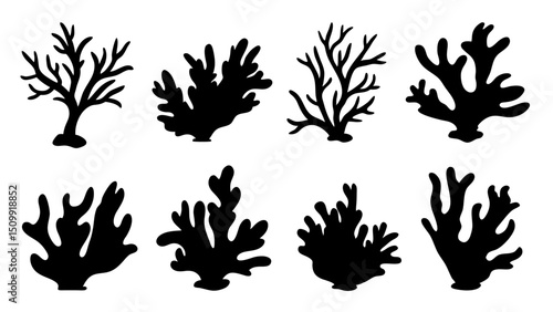 Seaweed silhouettes, coral black icon. Abstract organic shape, underwater plant, matisse element, cute sea doodle.