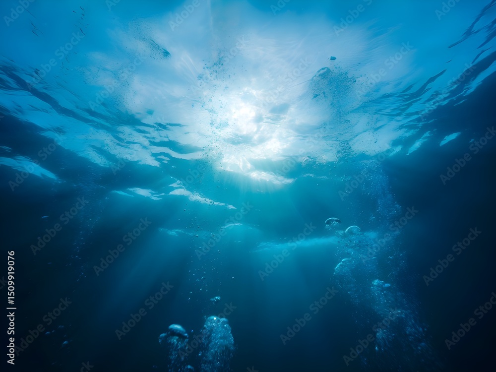 Obraz premium Underwater view of sunlight streaming through the ocean surface