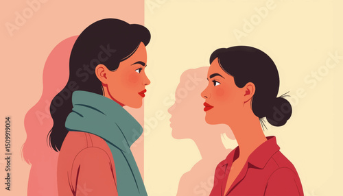 Woman observing with envy another woman, emotional struggle