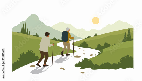 Elderly couple hiking a scenic trail in nature, exploring together