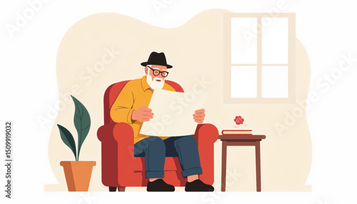 Elderly man reading newspaper in cozy living room, comfort and relaxation