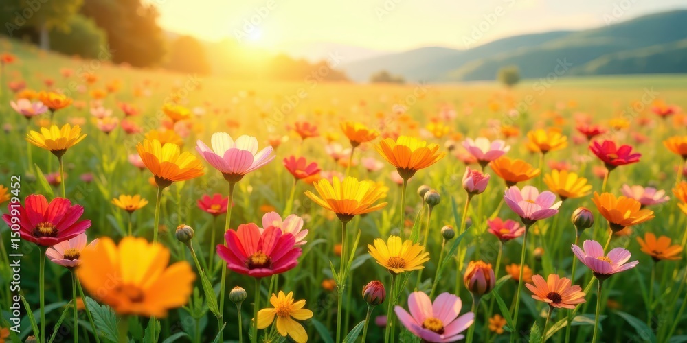 Obraz premium Vibrant wildflowers bathed in the golden sunlight of a serene meadow, a picturesque scene of blooming beauty at sunset