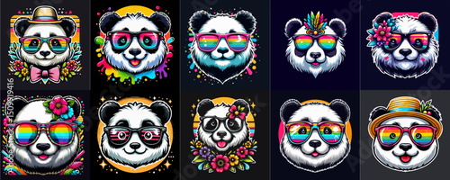 collection of panda with colorful glasses t-shirt design