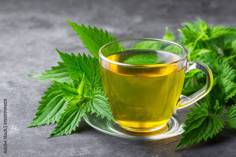 Herbal tea with fresh nettle leaves on a gray background Herbal tea with fresh nettle leaves on a gray background