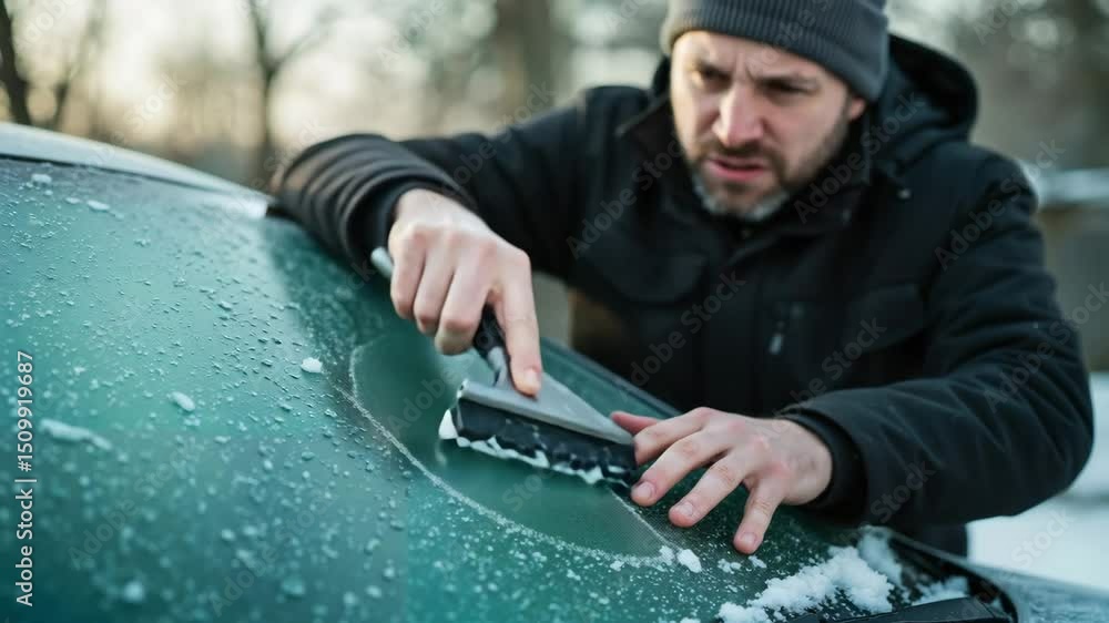 Man scraping ice from windshield during winter morning outdoors  