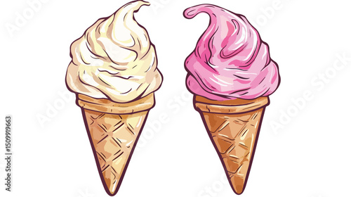 Sweet Hand Drawn Ice Cream Cone Icon, Delicious Summer Treat, Yummy Dessert Vector Illustration,    