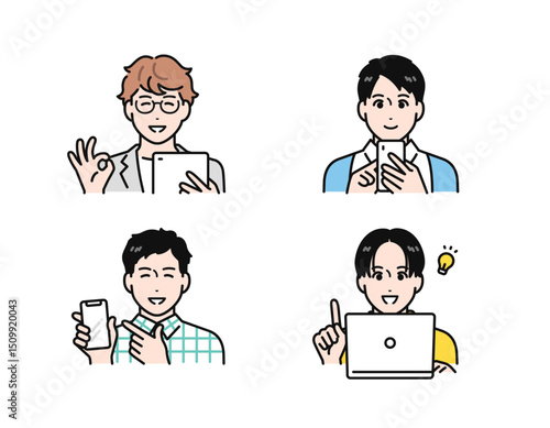 スマホ・タブレット・ノートパソコンを見て喜ぶ若い男性のシンプルなベクターイラストセット