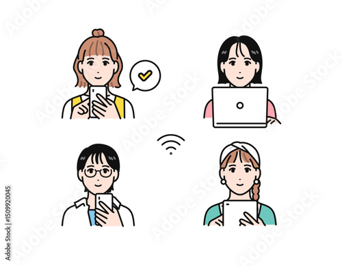 オンラインサービスを利用する若い女性のシンプルなベクターイラストセット