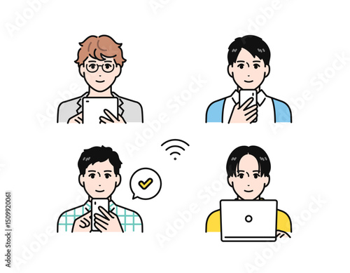 スマートフォン・タブレット端末・pcを操作する若い男性のシンプルなベクターイラストセット