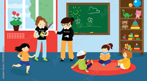 Children playing musical instruments in the room. Vector illustration in flat style