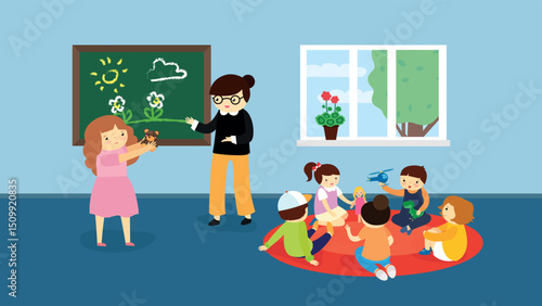 Illustration of a Kid Playing with a Toy in the Playroom