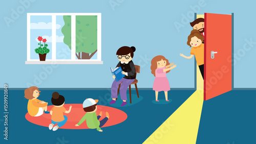 Wallpaper Mural Children bullying their parents in the school corridor. Vector illustration in flat style Torontodigital.ca
