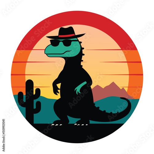 a retro vintage style illustration-of a cool dinosaur.