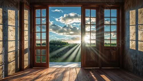 Open doors leading to green meadow with sun shining through at sunset