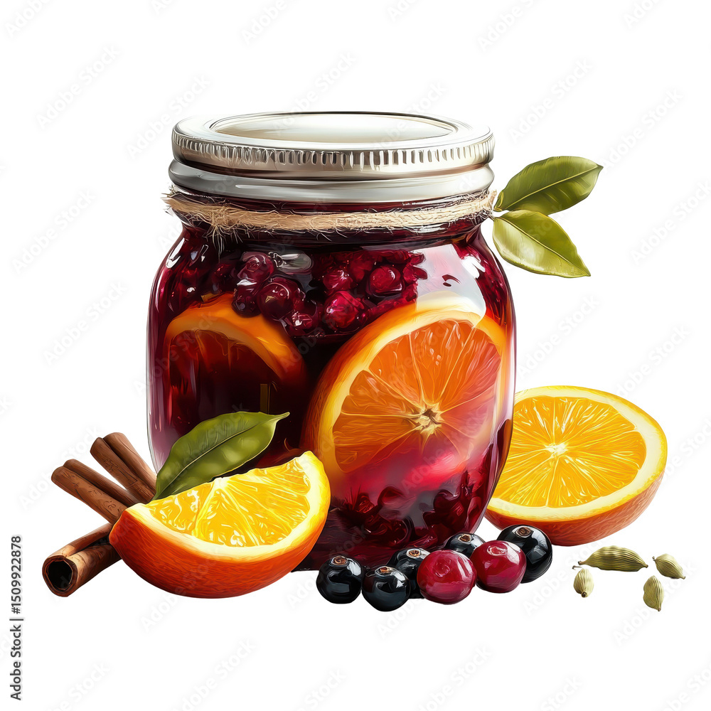 Homemade Citrus and Berry Jam in a Jar with Spices and Fresh Ingredients on transparent background Homemade Citrus and Berry Jam in a Jar with Spices and Fresh Ingredients on transparent background