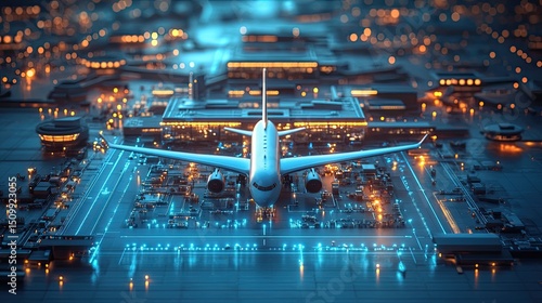 Imagining future flights Plane poised for takeoff amidst glowing city circuit a blueprint for innovation with vibrant