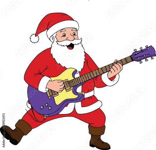 Cartoon santa claus in red outfit playing purple electric guitar with yellow pickguard, holiday celebration art
