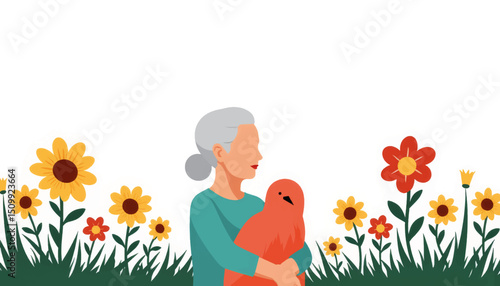 Elderly woman embracing bird in vibrant garden, nature's warmth