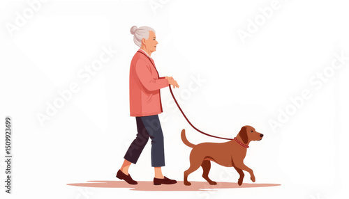 Elderly woman happily walking her dog in minimalistic design, companionship