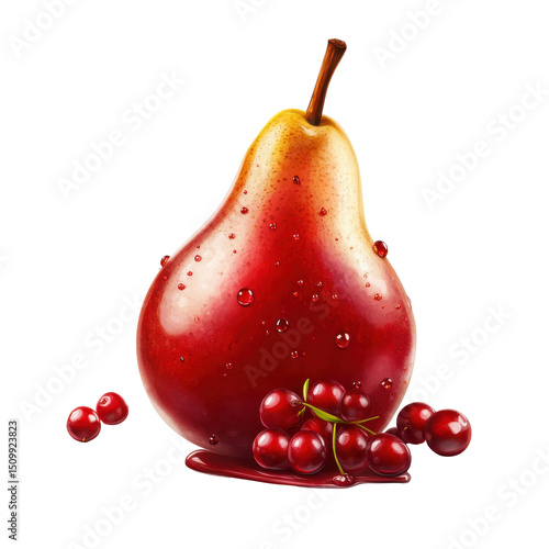 Juicy Red Pear with Fresh Cherries, Glistening in Natural Light, Perfect for Desserts or Healthy Snacks on transparent background