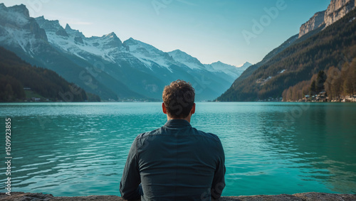 Man contemplating beautiful mountain lake view in switzerland