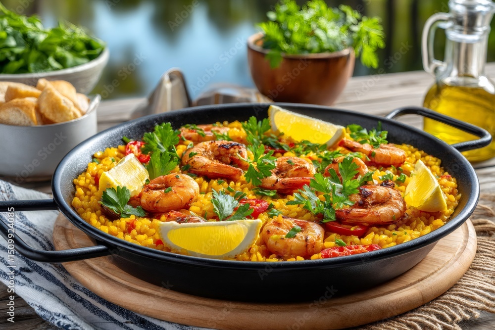 Traditional spanish paella with shrimps, rice, saffron, lemon and parsley in a paella pan Traditional spanish paella with shrimps, rice, saffron, lemon and parsley in a paella pan