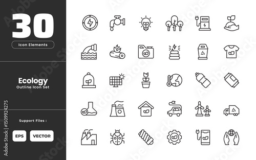 Ecology Icon Set Collection - Outline Line Art Style. Containing Save Energy, Faucet, Eco Light Bulb, Trees, Eco Charger, Hand Holding Plant, Sewage, Firewood, Gasoline Fuel, Manure, Trash,Eco Tshirt