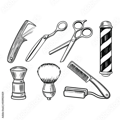 barber shop tool set collection hand drawing