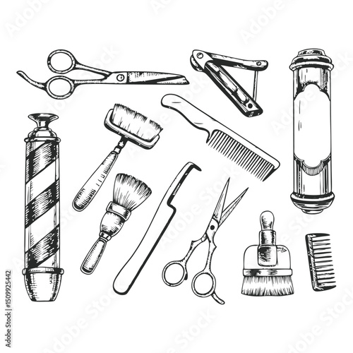 barber shop tool set collection hand drawing