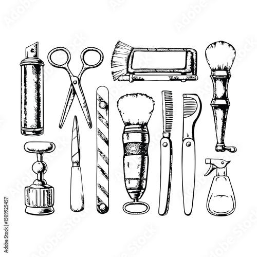 barber shop tool set collection hand drawing