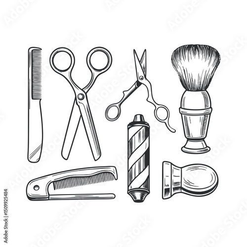 barber shop tool set collection hand drawing