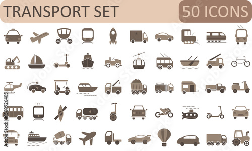 A modern set of 50 filled transport icons in beige tones. Perfect for apps, maps, infographics, UI/UX, and logistics-themed design projects.