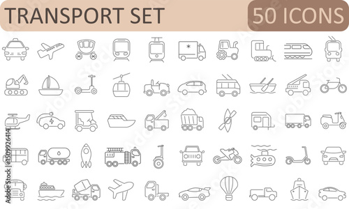 Line icon set of 50 transport and vehicle illustrations. Great for apps, maps, infographics, UI/UX, and mobility-themed design projects.