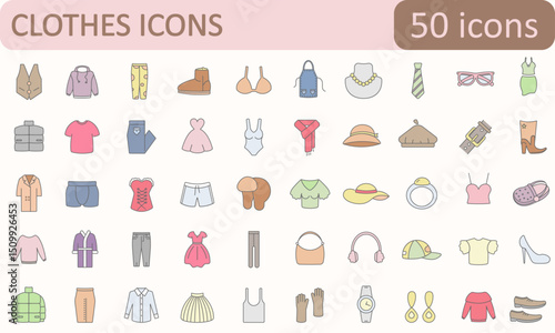 Colorful vector set of 50 fashion and clothing icons. Ideal for UI/UX, mobile apps, websites, prints, and branding projects.