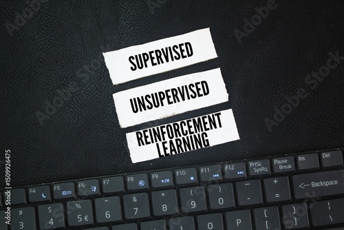 Canvas Print Laptop keyboard and paper with words The three machine learning types are supervised, unsupervised, and reinforcement learning