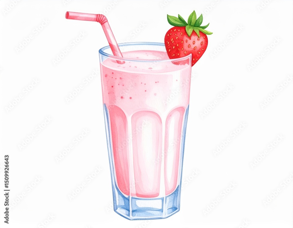 Refreshing pink strawberry milk, a delightful glass with straw for summer treat Refreshing pink strawberry milk, a delightful glass with straw for summer treat