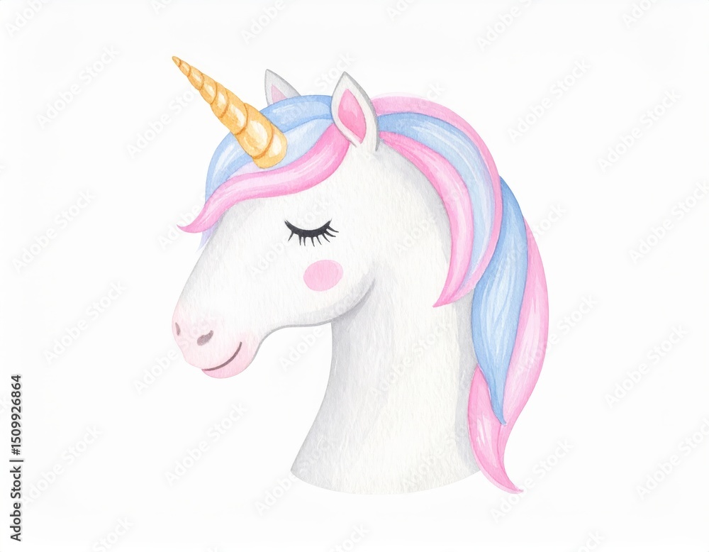 Fototapeta premium Magical watercolor unicorn with vibrant pink and blue mane in a dreamlike fantasy setting