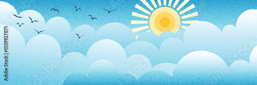 Vector drawing of sky, sun in the clouds, cartoon illustration, noise pattern, pointillism, natural background