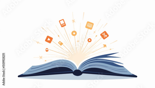 Stylized open book with digital icons illustrating knowledge, education