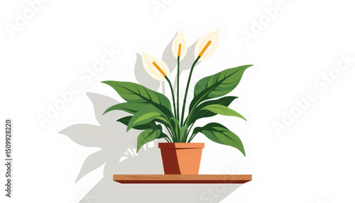 Peace lily plant on geometric shelf, minimalistic design