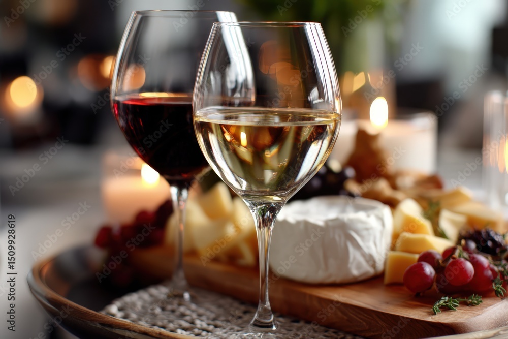 Two glasses, one with red wine and the other with white, on a table Two glasses, one with red wine and the other with white, on a table