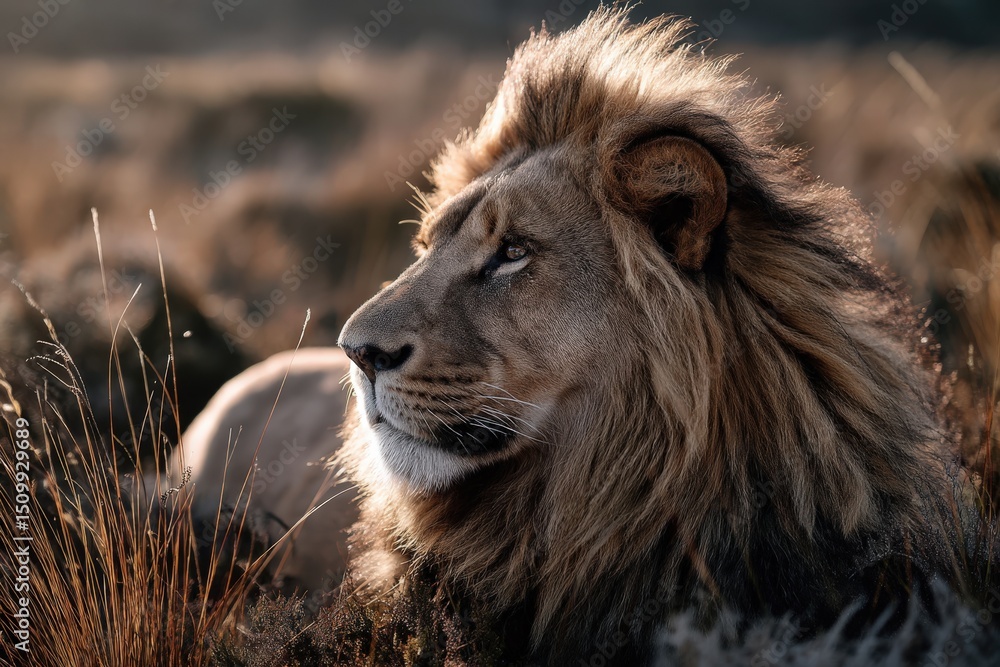 Fototapeta premium A majestic lion stands proudly in tall grass, observing its surroundings