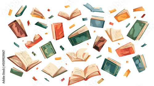 Whimsical Flying Books: A Colorful Literary Adventure Vector Illustration art flat text study magic 
